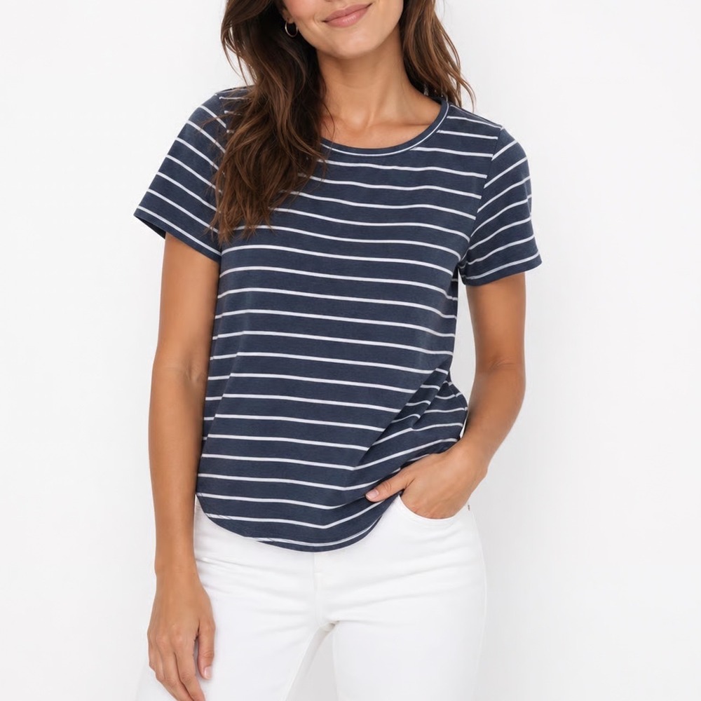 Pink Clover Knit Top Women's S Navy Blue Striped Button Back Excellent
